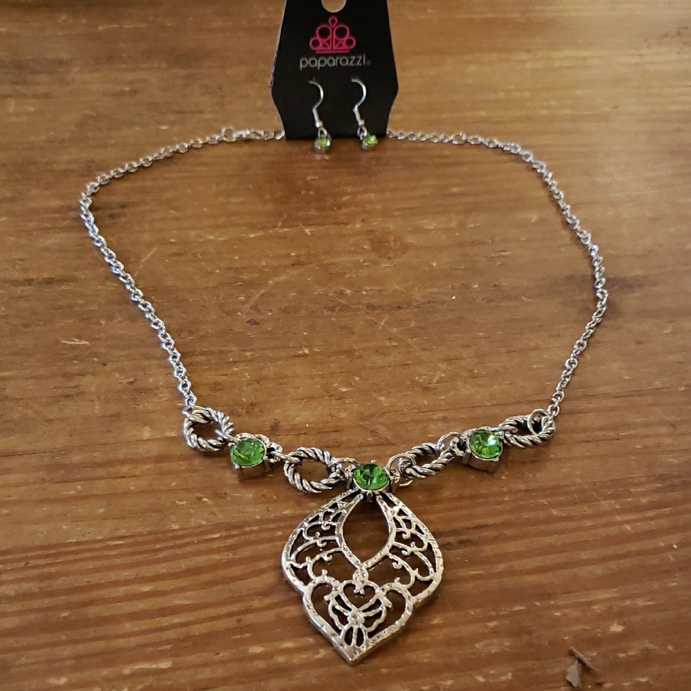 Paparazzi Silver and Green Necklace And Earring Set